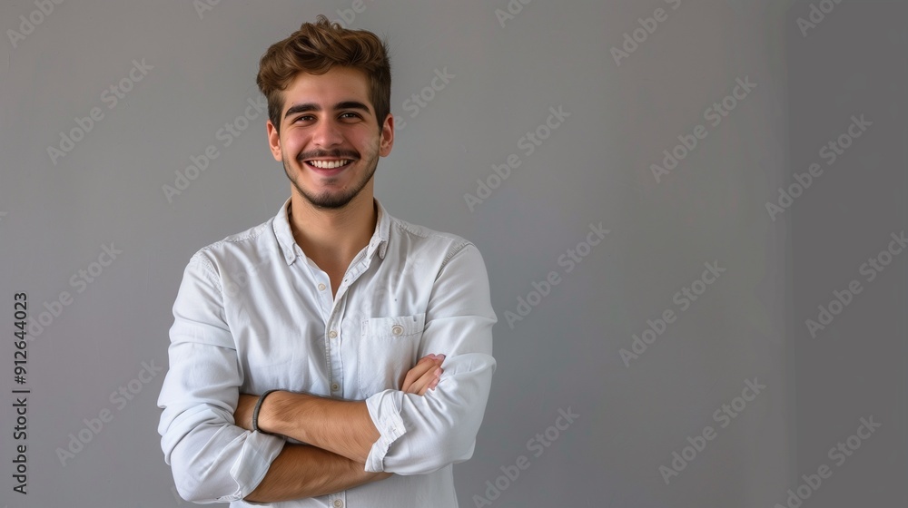 Portrait of handsome smiling young man with folded arms. smiling joyful cheerful men with crossed hands studio shot. isolated on gray background. A.I. Portrait of handsome smiling young man with folded arms. smiling joyful cheerful men with crossed hands studio shot. isolated on gray background. A.I.