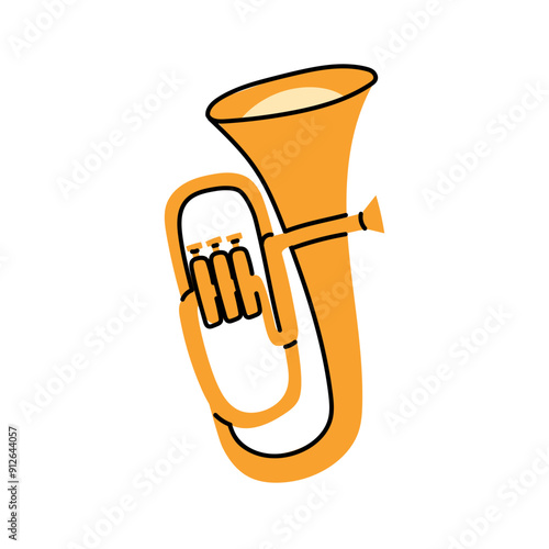 Yellow copper pipe in a flat style. Wind musical instrument for solo, orchestra, jazz use. An isolated shiny tool. Flat vector illustration highlighted on a white background