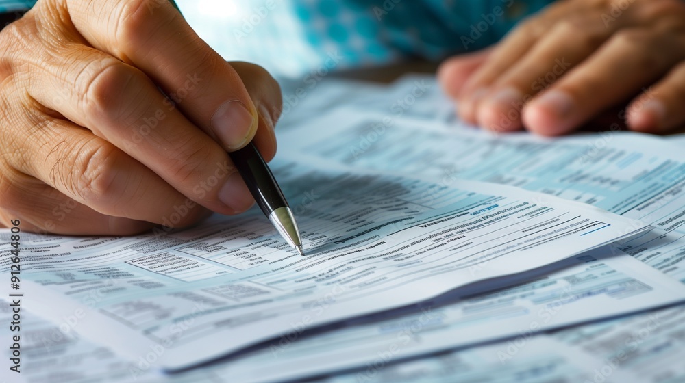 Closeup of man hand filling income tax forms. Closeup of man hand filling income tax forms.