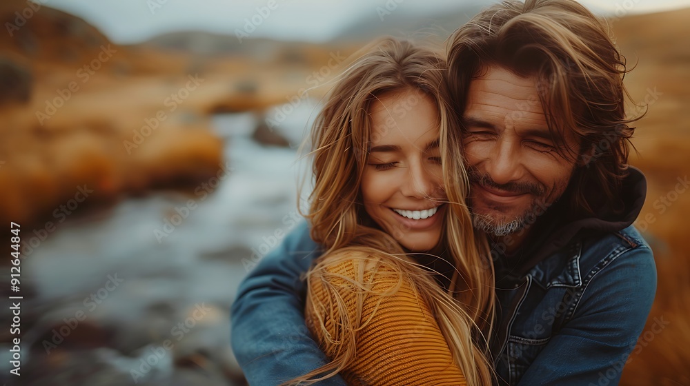 A crisp and detailed photo of two people hugging in a scenic outdoor location A crisp and detailed photo of two people hugging in a scenic outdoor location