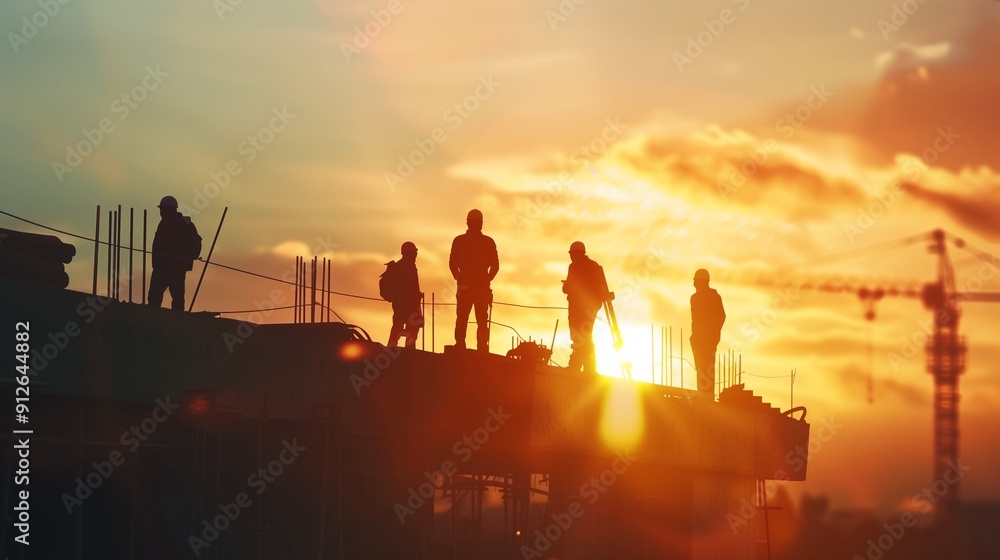 Silhouette of engineer and construction team working at site over blurred background sunset pastel for industry background with light fair. Silhouette of engineer and construction team working at site over blurred background sunset pastel for industry background with light fair.
