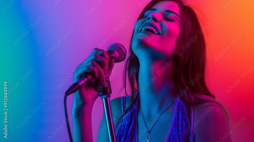 Young caucasian musician performer singing on gradient background in neon light. concept of music hobby festival. joyful woman party host dj singer band's front artist. colorful portrait. A.I. Young caucasian musician performer singing on gradient background in neon light. concept of music hobby festival. joyful woman party host dj singer band's front artist. colorful portrait. A.I.