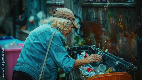 An elderly woman rummages through a trash can in a lively urban area, seeking recyclable materials