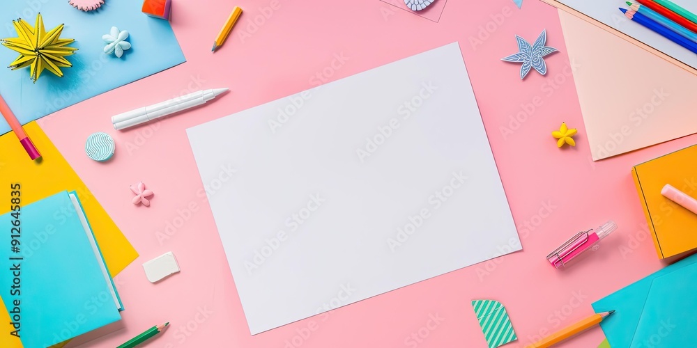 Pink background with colorful stationery and blank paper. Pink background with colorful stationery and blank paper.