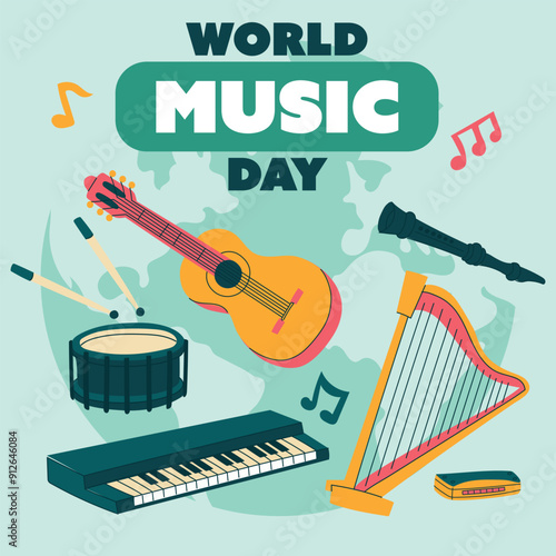 Poster of the World Music Day, vector, illustration text. Flat illustration of the vector conceptual background of the World Music Day for Web Design Square banner guitar, drum, harp, flute with notes