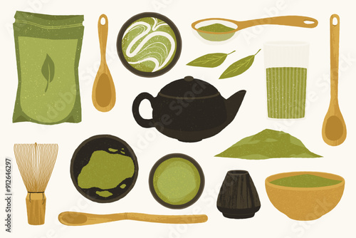 Cartoon matcha. Green tea powder in ceramic bowl, traditional japanese tea ceremony concept with teapot, matcha leaves and whisk. Vector isolated set.