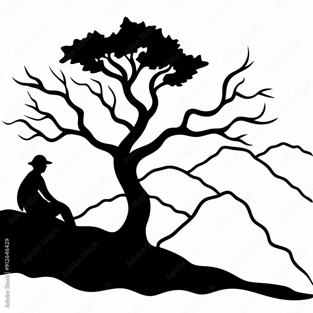 A hiker resting under a large, gnarled tree on a hillside vector A hiker resting under a large, gnarled tree on a hillside vector