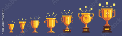 Pixel golden trophy. Cartoon retro 8 bit award with gold coins for game competition, winner trophy for sport celebration. Vector isolated set. Prize goblet from small to big, success victory elements.