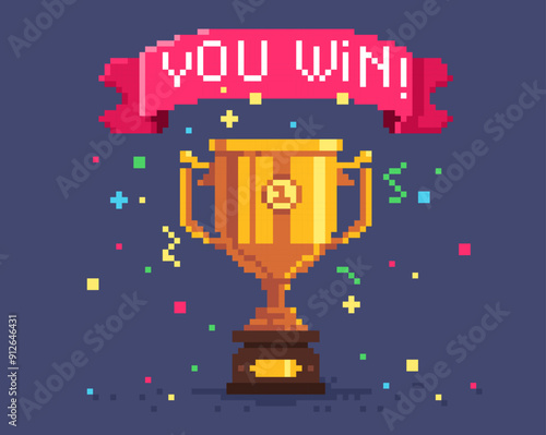 Pixel winner cup background. Cartoon retro gold metal trophy with red ribbon ribbon, 8 bit game winner trophy asset. Vector congratulation illustration. Vintage video game screen with golden goblet.