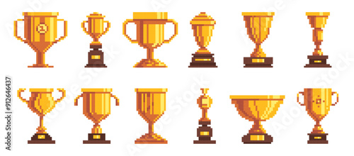 Pixel game cup. Retro video game asset, 8 bit cartoon trophy winner award for pixel art design, old vintage golden trophy cups in 80s style. Prize goblets, competition reward Vector icons set.