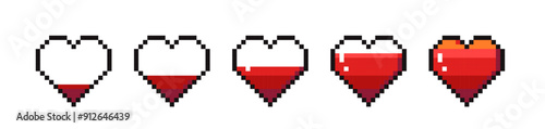 Pixel life bar heart icons. Retro video game health bar energy meter, gamer life and mana energy, retro 8 bit console game heart design. Vector set. Lovers like level isolated symbol.
