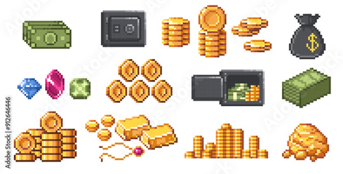 Pixel money. Retro 8 bit game currency, gold coins and banknotes, safe box and pile of gold bars, wallet. Wealth and savings, investment concept. Vector isometric money isolated set.