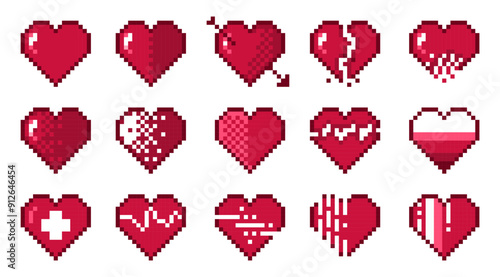 Pixel hearts. Retro 8 bit abstract love symbols, pixelated romance and friendship heart icons, 2D pixel art game asset. Vector isolated set. Broken heart and with amour arrow valentine day sign.