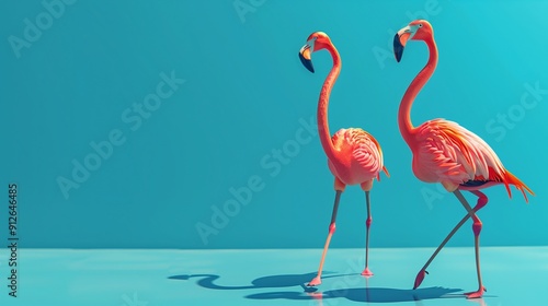 Two flamingo toys one standing and another running on nice sunny day with sunny shadows. bright optimistic orange bottom and marina blue and light sky blue background. creative copy space. A.I.