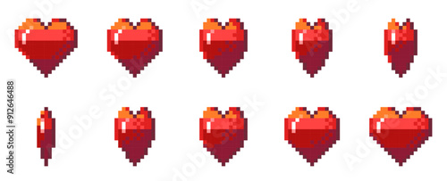 Pixel heart animation. Retro 8 bit game sprite with life bonus and red heart reflection and rotation effect. Vector arcade video game UI asset and Valentines day pixelated pictogram.