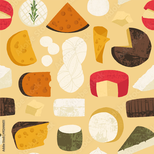 Cheese types pattern. Seamless print with various kinds of cheese, milk food for restaurant menu, cheeseboard design. Vector texture.