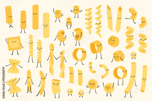 Cartoon pasta characters. Cute funny Italian food mascots with happy faces, different types of macaroni and spaghetti, noodle, penne, fusilli and rigatoni, funny ravioli. Vector isolated set.