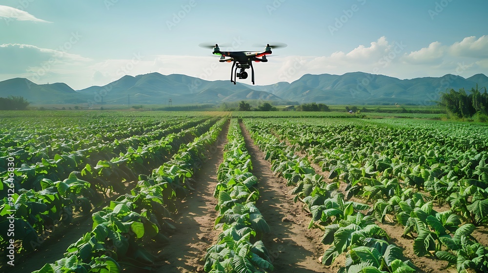 Drone Flying Over Rows of Crops in a Field Drone Flying Over Rows of Crops in a Field