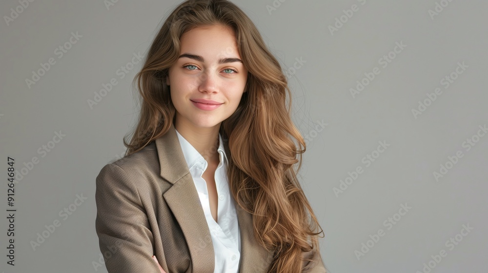 Beautiful young business woman portrait smiling cute girl with long hair studio shot isolated on gray background. A.I. Beautiful young business woman portrait smiling cute girl with long hair studio shot isolated on gray background. A.I.