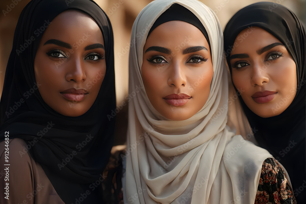 Three women wearing black and white scarves stand together Three women wearing black and white scarves stand together