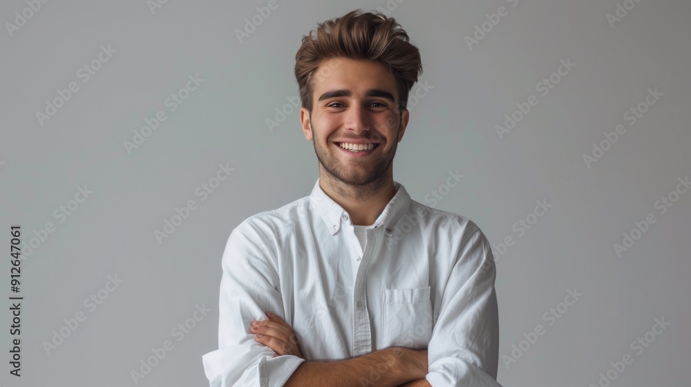 Portrait of handsome smiling young man with folded arms. smiling joyful cheerful men with crossed hands studio shot. isolated on gray background. A.I. Portrait of handsome smiling young man with folded arms. smiling joyful cheerful men with crossed hands studio shot. isolated on gray background. A.I.