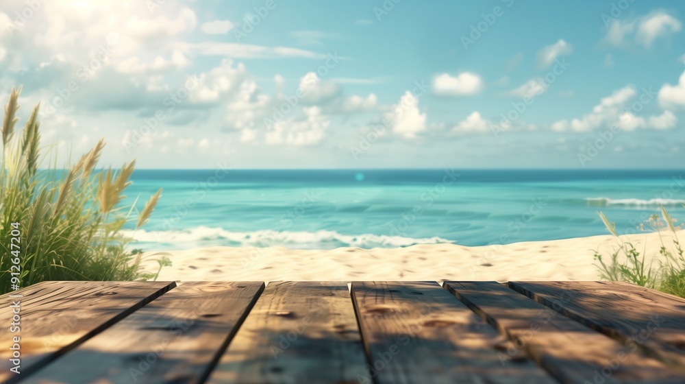 Fototapeta premium Desk of free space and summer beach landscape.