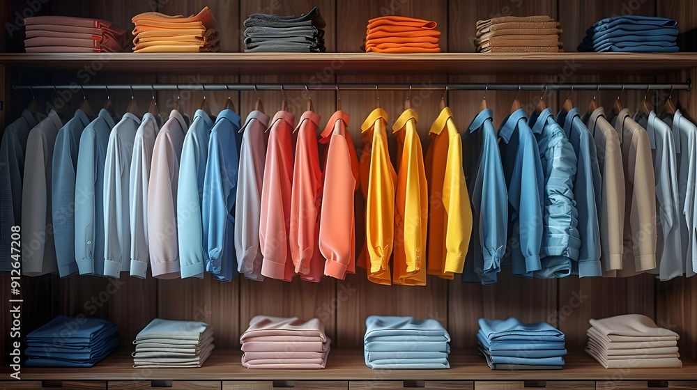 A row of clothes hanging on a rack, with a variety of colors and styles A row of clothes hanging on a rack, with a variety of colors and styles