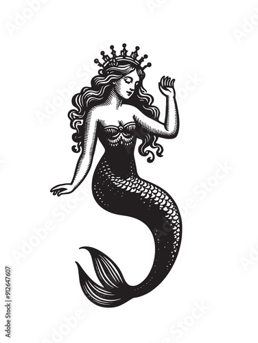 Beautiful mermaid with a crown. sea ​​princess. Engraving vintage vector illustration, monochrome black color. Woodcut	