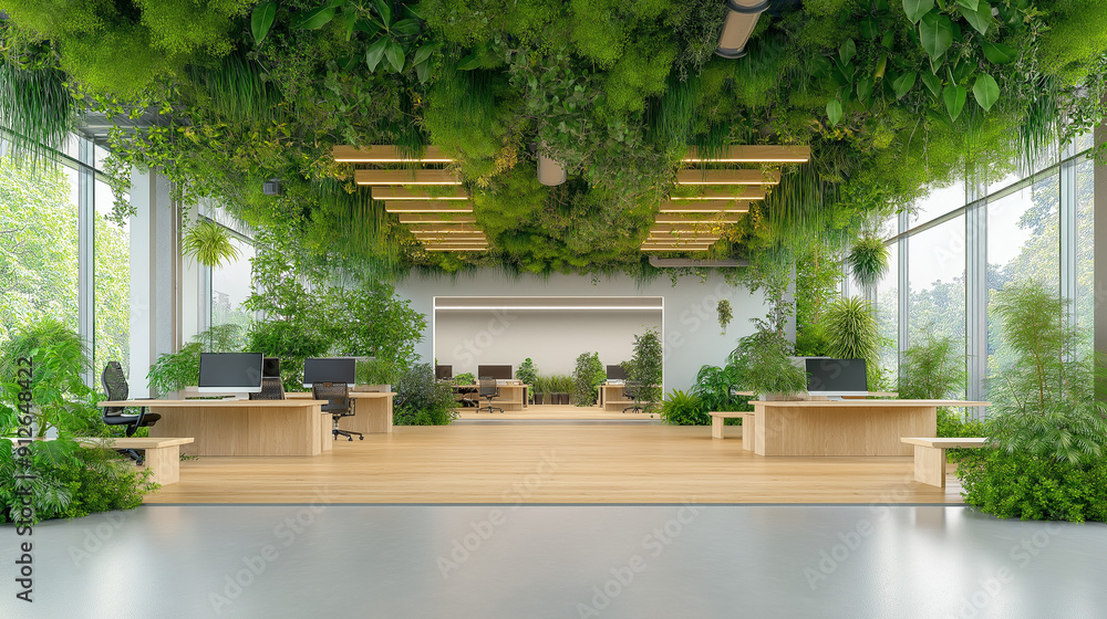 garden-themed open space inside office, hanging plants, wooden benches, eco-friendly design, serenity, no people.