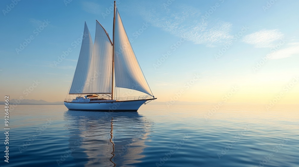 Sailboat with white sails gliding on a calm sea at sunrise with clear skies and mountains in the background Sailboat with white sails gliding on a calm sea at sunrise with clear skies and mountains in the background