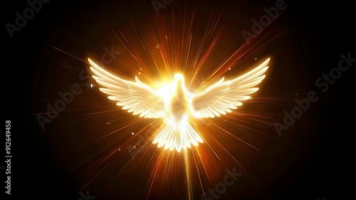 holy spirit as a white dove in rays of light isolated on black, symbolizing Christian enlightenment and peace in cartoon flat design style animation  -- 4k stock video footage AI