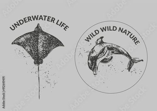 Vector dolphin and eagle ray illustration. Black ink sea animal sketch with grunge texture for prints and labels background.