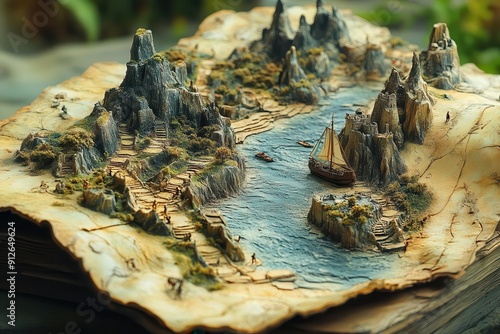 ancient map reimagined as a living breathing ecosystem weathered parchment morphs into terrain with miniature adventurers exploring a world of cartographic wonders