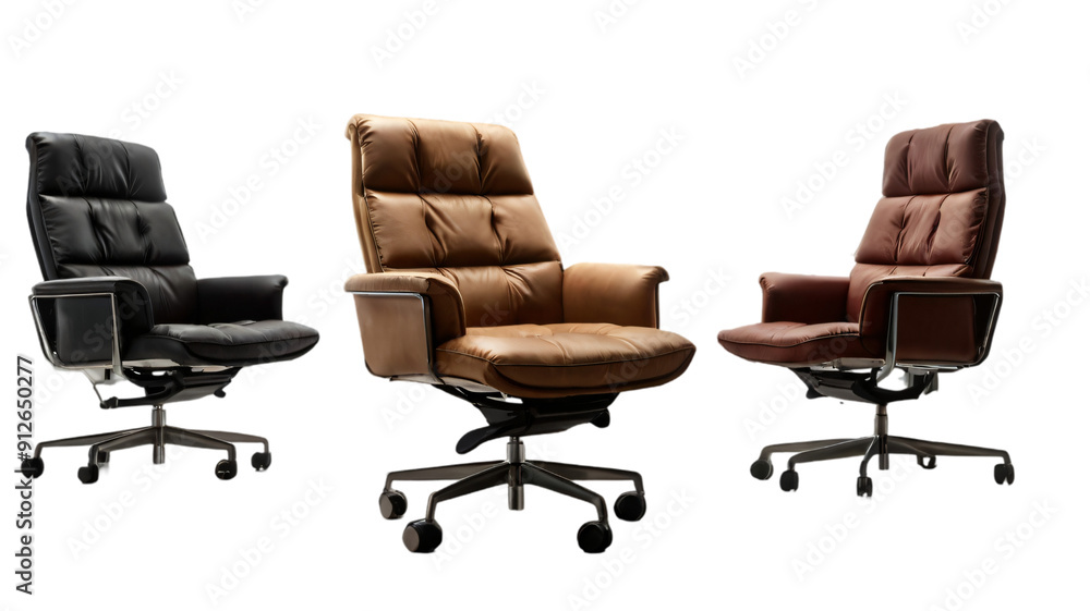 Obraz premium The office chair from black leather. Isolated, Empty Black Leather Office Chair, set of black office chair isolated on png white transparent background, The office chair from black leather. Isolated