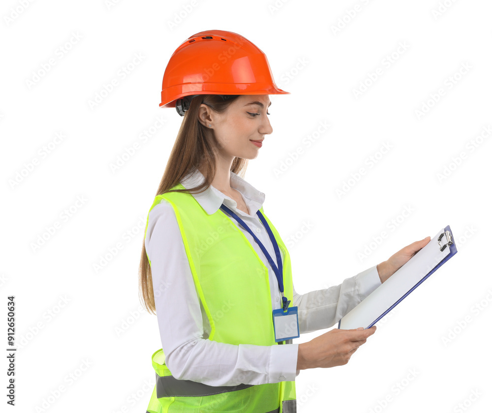 Engineer in hard hat with clipboard on white background Engineer in hard hat with clipboard on white background
