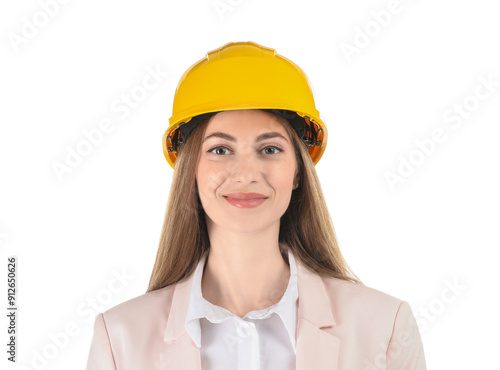 Engineer in hard hat on white background