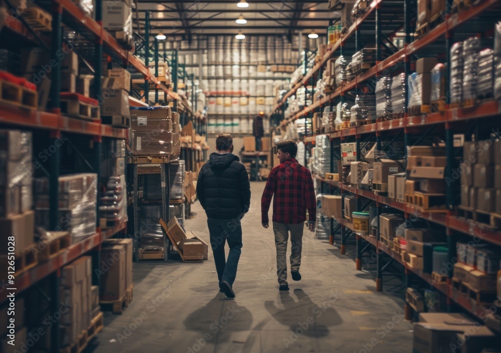 Two men walking through a large warehouse filled with stacked boxes and shelves Industrial environment with a busy atmosphere Two men walking through a large warehouse filled with stacked boxes and shelves Industrial environment with a busy atmosphere