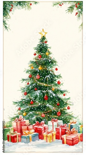 
Watercolor Christmas tree with gifts and a narrow decorative border on stationery paper