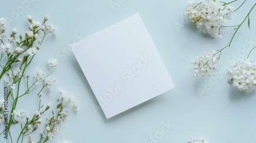 Wedding invitation card mockup adorned with natural flowers and copy space