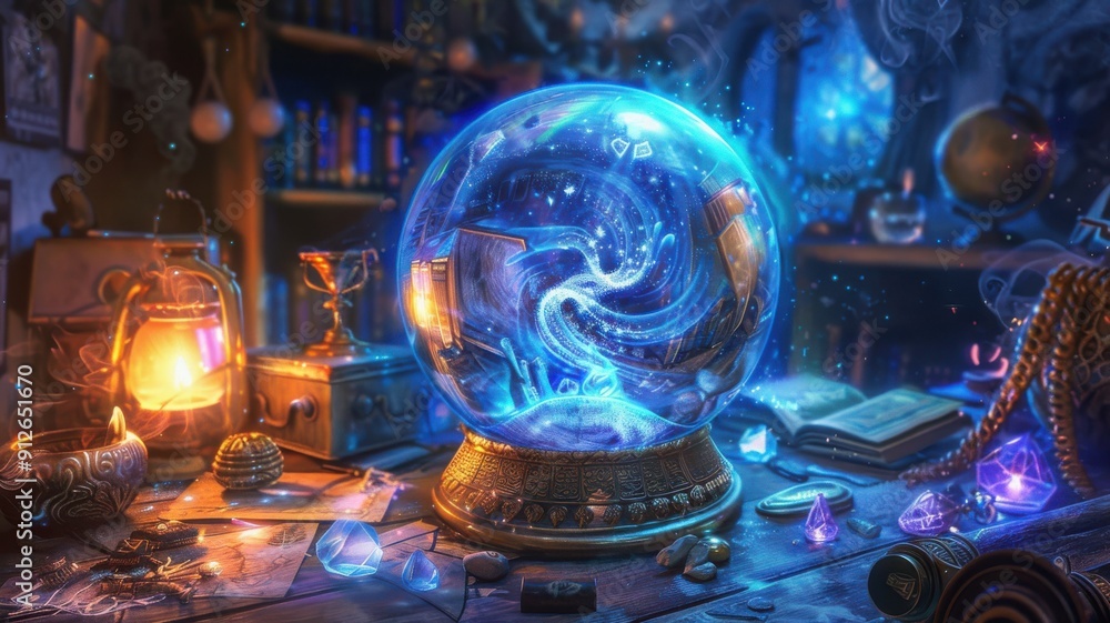 Magical crystal ball with swirling light inside surrounded by mystical symbols and artifacts in a fantasy art style Magical crystal ball with swirling light inside surrounded by mystical symbols and artifacts in a fantasy art style