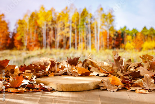 Autumn leaves and wooden pedestal on wooden table with warm autumn sunlight and forest trees background. Copy space for products.