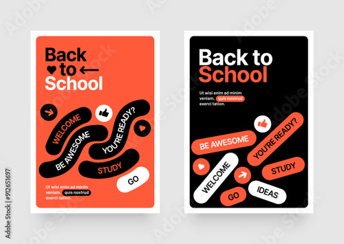 Back to school layout template. Design with geometric shapes and y2k patches, labels, tags, stickers for your flyer, poster, cover, brochure or banner. Trendy promo labels.