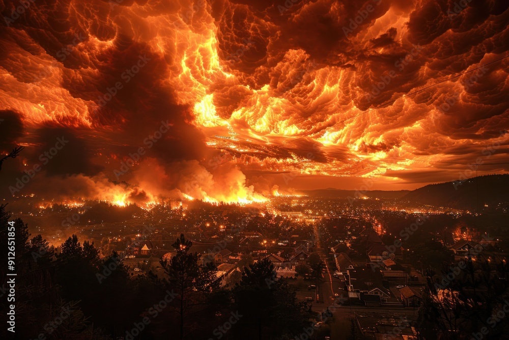 Dramatic apocalyptic landscape with fiery skies and smoke above a burning town at twilight Dramatic apocalyptic landscape with fiery skies and smoke above a burning town at twilight