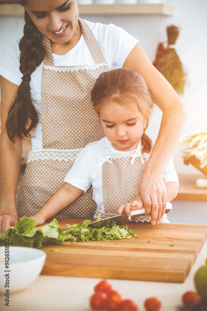 Happy woman and her daughter making healthy vegan salad and snacks for family feasting in sunny kitchen. Christmas, New year, Thanksgiving, Anniversary, Mothers Day. Healthy meal cooking concept Happy woman and her daughter making healthy vegan salad and snacks for family feasting in sunny kitchen. Christmas, New year, Thanksgiving, Anniversary, Mothers Day. Healthy meal cooking concept