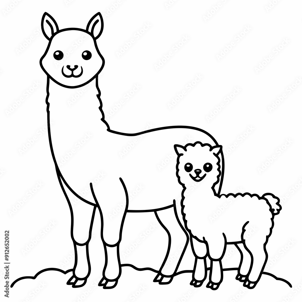 A beautiful Alpaca is standing with baby on the grass art vector illustration A beautiful Alpaca is standing with baby on the grass art vector illustration