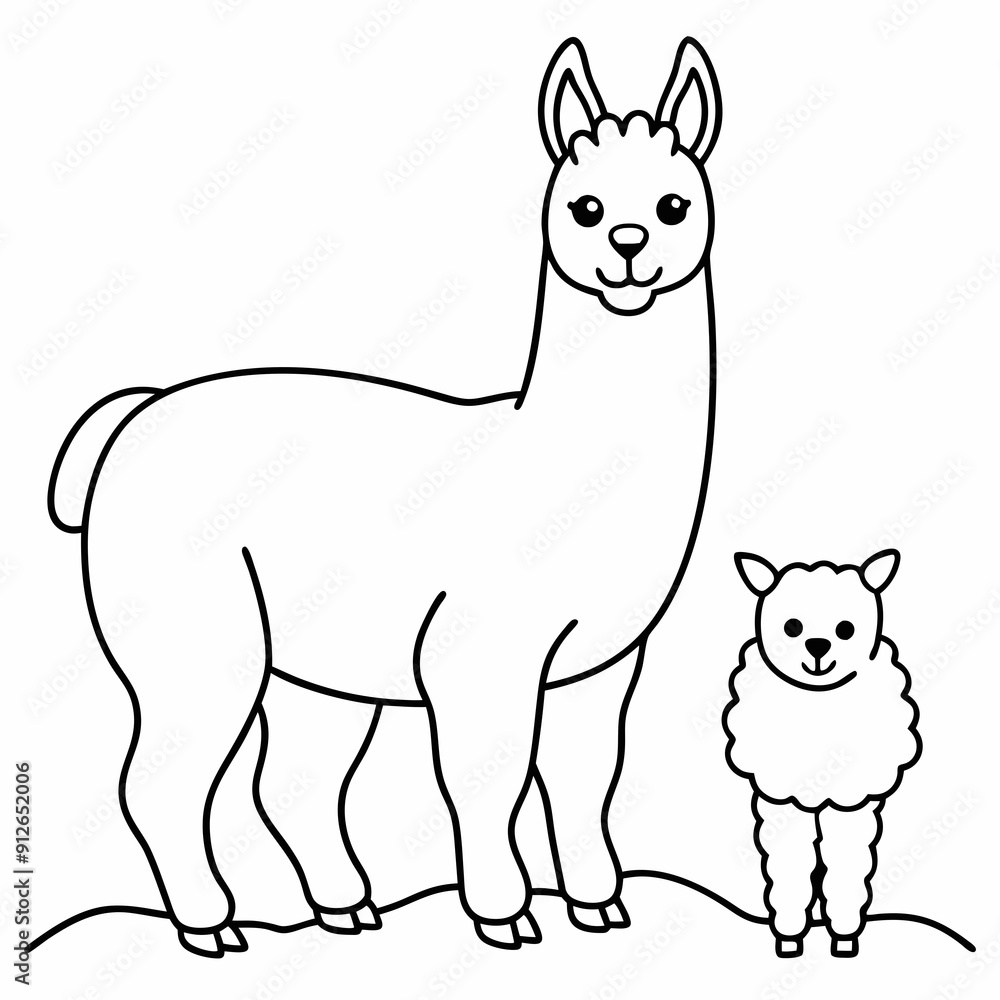 A beautiful Alpaca is standing with baby on the grass art vector illustration A beautiful Alpaca is standing with baby on the grass art vector illustration