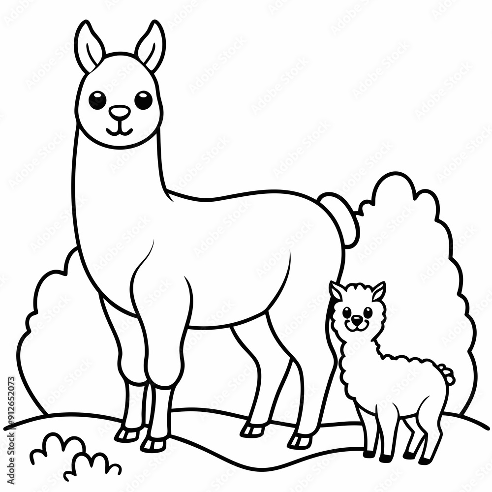 A beautiful Alpaca is standing with baby on the grass art vector illustration A beautiful Alpaca is standing with baby on the grass art vector illustration