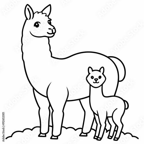 A beautiful Alpaca is standing with baby on the grass art vector illustration