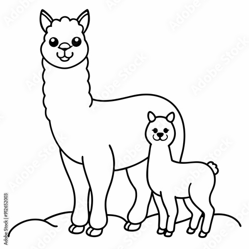 A beautiful Alpaca is standing with baby on the grass art vector illustration
