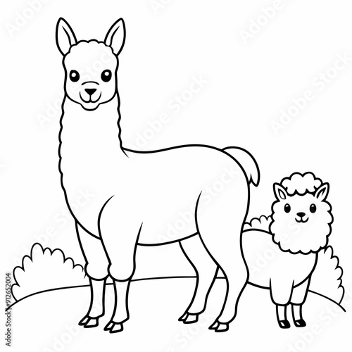 A beautiful Alpaca is standing with baby on the grass art vector illustration